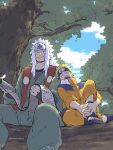  2boys blonde_hair blue_sky child clouds cloudy_sky commentary commentary_request facial_mark fingerless_gloves forehead_protector gloves highres japanese_clothes jiraiya_(naruto) long_hair looking_at_another male_child male_focus multiple_boys naruto_(series) open_mouth outdoors scroll short_hair sky sleeping smile spiky_hair tanaka_(tanakya123) teeth uzumaki_naruto whisker_markings white_hair 