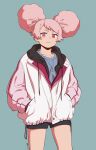  1girl black_shorts blue_background blue_shirt chuatury_panlunch commission gundam gundam_suisei_no_majo hands_in_pockets highres hood hoodie inumawoo long_sleeves looking_at_viewer partially_unzipped pink_eyes pink_hair pink_hoodie shirt shorts solo two-tone_hoodie white_hoodie 
