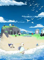  beach bird black_cloak blue_sky boat brown_cloak character_request cloak clouds flock guitar holding holding_instrument holding_umbrella instrument mugenn1 no_humans red_cloak sand_castle sand_sculpture shore sky sky:_children_of_the_light umbrella watercraft white_bird white_cloak 