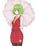  1girl black_pantyhose closed_mouth collared_shirt green_hair highres holding holding_umbrella kazami_yuuka looking_at_viewer necktie pantyhose parasol plaid plaid_skirt plaid_vest red_eyes red_skirt red_vest shirt short_hair simple_background skirt solo standing tohoyuukarin touhou umbrella vest white_background white_shirt white_umbrella yellow_necktie 