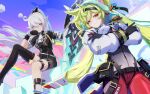  2girls ahoge ai-chan_(chrono_navi)_(honkai_impact) ai-chan_(honkai_impact) bad_source black_footwear black_gloves black_headwear black_shorts blue_eyes closed_mouth collaboration cosplay crossed_arms galo_thymos galo_thymos_(cosplay) gloves green_hair hair_between_eyes hand_on_own_chin highres holding holding_sword holding_weapon honkai_(series) honkai_impact_3rd kiana_kaslana kiana_kaslana_(herrscher_of_flamescion) lio_fotia lio_fotia_(cosplay) logo long_hair long_sleeves looking_at_viewer multiple_girls official_alternate_costume official_art ponytail promare red_eyeliner red_eyes shorts single_thighhigh sitting smile sword thigh-highs thigh_strap twintails upper_body weapon white_hair white_sleeves 
