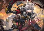  1girl absurdres adepta_sororitas animal_ears armor blood blue_eyes cartridge dot_mouth explosion feet_out_of_frame fighting fleur-de-lis fox_ears fox_tail grey_hair gun highres holding holding_gun holding_sword holding_weapon long_hair looking_at_viewer original pauldrons sample_watermark shoulder_armor solo sword tail warhammer_40k weapon xun_li_eins 