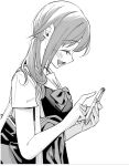  1girl bag borrowed_character breasts cellphone closed_eyes from_side greyscale holding holding_phone kimi_ni_aisarete_itakatta medium_breasts monochrome open_mouth phone ponytail profile school_bag school_uniform shiori_(moechin) smartphone smile solo upper_body 