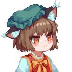  1girl :3 animal_ear_fluff animal_ears bow bowtie brown_eyes brown_hair cat_ears cat_girl chen closed_mouth green_headwear hat long_sleeves mob_cap pixel_art red_vest shirt shlim84049504 short_hair solo touhou transparent_background upper_body vest white_shirt yellow_bow yellow_bowtie 