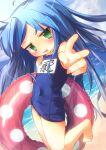  1girl barefoot blue_sky blush feet green_eyes highres izumi_konata lucky_star messy_hair mole mole_under_eye ocean sand school_swimsuit sky solo swimsuit translation_request washi_(user_djjg3532) water 