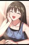  1girl :d ^_^ bare_shoulders black_hair closed_eyes earrings erere highres idolmaster idolmaster_cinderella_girls jewelry long_hair necklace shibuya_rin smile solo 