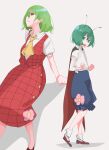  2girls antennae ascot blue_shorts cape collared_shirt commentary flower green_eyes green_hair grey_background highres kazami_yuuka looking_at_viewer multiple_girls pink_flower plaid plaid_skirt plaid_vest red_eyes red_footwear red_skirt red_vest shirt short_hair shorts simple_background skirt socks tohoyuukarin touhou vest white_shirt white_socks wriggle_day wriggle_nightbug yellow_ascot 