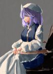  1girl apron blue_hair blue_vest chair highres koyane_(silver81106) lapel_pin looking_to_the_side medium_hair one-hour_drawing_challenge shadow shirt sitting solo touhou triangular_headpiece vest waist_apron white_apron white_headwear 