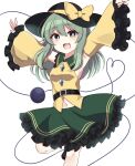  1girl :d absurdres adapted_costume armpits black_headwear bow bright_pupils commentary detached_sleeves frilled_skirt frills green_eyes green_hair green_skirt hat hat_bow heart heart_of_string highres komeiji_koishi leg_up long_sleeves looking_at_viewer medium_hair navel open_mouth simple_background skirt smile solo subaru_(subachoco) third_eye touhou white_background white_pupils yellow_bow 