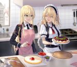  2girls absurdres apron blonde_hair braid cake commission commissioner_upload cooking food fruit fruit_tart g36_(girls&#039;_frontline) girls_frontline green_eyes highres kitchen maid maid_headdress military_uniform multiple_girls necktie pixiv_commission smile stg44_(girls&#039;_frontline) strawberry suprii tart_(food) uniform 