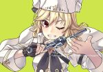  1girl blonde_hair fingerless_gloves girls_frontline gloves green_background grin gun highres holding holding_gun holding_weapon nagant_revolver_(girls&#039;_frontline) nakiusagi one_eye_closed red_eyes revolver simple_background single_glove smile solo trigger_discipline weapon 