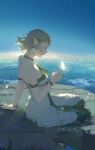  1girl absurdres armlet blonde_hair bracelet braid bug butterfly circlet clouds commentary crown_braid dawn dress earrings flower half-closed_eyes highres horizon jewelry magatama magatama_necklace medium_hair necklace night night_sky pointy_ears princess_zelda sky solo strapless strapless_dress the_legend_of_zelda white_dress zm-panda- 