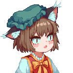  1girl :3 animal_ear_fluff animal_ears bow bowtie brown_eyes brown_hair cat_ears cat_girl chen fang green_headwear hat long_sleeves mob_cap open_mouth pixel_art red_vest shirt shlim84049504 short_hair solo touhou transparent_background upper_body vest white_shirt yellow_bow yellow_bowtie 