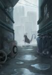  alley brown_cloak city cloak goomy grey_theme highres in_trash_can industrial industrial_pipe lai_(pixiv1814979) magnemite mewtwo no_humans pokemon pokemon_(anime) pokemon_(creature) poster_(object) power_lines puddle rain rattata signature trash_can trubbish 