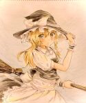  1girl apron black_vest blonde_hair braid hand_on_headwear hat holding holding_clothes holding_hat kirisame_marisa long_hair looking_at_viewer orya_422 shirt short_sleeves solo touhou vest waist_apron white_apron white_background white_shirt witch witch_hat wrist_cuffs yellow_eyes 