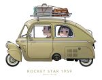  1boy 1girl black_hair blunt_bangs brown_eyes closed_mouth driving english_text from_side looking_at_viewer looking_to_the_side motor_vehicle murata_range original profile short_hair simple_background smile suitcase vehicle_focus very_short_hair white_background 