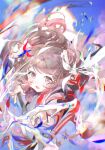  1girl arknights blurry blurry_background brown_eyes brown_hair chromatic_aberration commentary_request depth_of_field eyjafjalla_(arknights) highres horns long_hair long_sleeves looking_at_viewer open_mouth sheep_horns sleeves_past_wrists solo youyou72364 