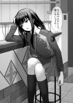  1girl absurdres bar_stool crossed_legs feet_out_of_frame greyscale hand_on_own_head highres indoors inoue_takina kusaba_eru_(happy_crystal) long_hair looking_afar lycoris_recoil lycoris_uniform monochrome open_mouth sitting solo speech_bubble stool thigh-highs translation_request 