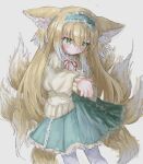  1girl animal_ear_fluff animal_ears aqua_hairband aqua_skirt arknights blonde_hair cardigan closed_mouth cross-laced_clothes cross-laced_skirt cross-laced_slit fox_ears fox_girl fox_tail frilled_hairband frills green_eyes hair_between_eyes hair_ornament hair_scrunchie hairband highres kitsune kyuubi long_hair long_sleeves multicolored_hair multiple_tails neck_ribbon official_alternate_costume puffy_long_sleeves puffy_sleeves red_ribbon reitoubeef ribbon scrunchie shirt simple_background skirt solo suzuran_(arknights) suzuran_(spring_praise)_(arknights) tail two-tone_hair white_background white_hair white_shirt yellow_cardigan 