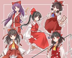  :d ascot bare_shoulders black_eyes black_hair blue_ascot bobby_socks bow closed_mouth commentary_request detached_sleeves embodiment_of_scarlet_devil frilled_ascot frilled_hair_tubes frilled_sleeves frills full_body gohei hair_bow hair_tubes hakurei_reimu happy headband highly_responsive_to_prayers holding holding_gohei japanese_flag_print long_hair long_sleeves medium_hair multiple_persona ofuda paw_print ponytail purple_hair red_bow red_skirt red_vest reimu_tyuki ribbon-trimmed_sleeves ribbon_trim short_hair sidelocks skirt skirt_set smile socks subterranean_animism touhou touhou_(pc-98) touhou_sangetsusei unfinished_dream_of_all_living_ghost upper_body vest violet_eyes white_sleeves white_socks wily_beast_and_weakest_creature yellow_ascot yellow_bow 