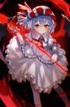  1girl artist_name bat_wings black_background blue_hair bow chromatic_aberration expressionless looking_at_viewer red_bow red_eyes red_headwear red_wings remilia_scarlet sakizaki_saki-p shirt short_hair skirt solo touhou white_shirt white_skirt wings 