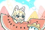  1girl animal_ear_fluff animal_ears blonde_hair blue_sky bow bowtie commentary_request day eating extra_ears food fruit gloves highres kemono_friends kemono_friends_3 kuro_shiro_(kuro96siro46) looking_at_another lucky_beast_(kemono_friends) serval_print short_hair sky solo upper_body watermelon watermelon_slice white_serval_(kemono_friends) yellow_gloves 