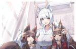  3girls :d absurdres akagi-chan_(azur_lane) amagi-chan_(azur_lane) animal_ears azur_lane bell black_kimono blue_eyes breasts brown_hair closed_eyes day eating eyeshadow facing_viewer floral_print food fox_ears fox_girl fox_tail hair_bell hair_ornament hand_on_another&#039;s_head head_rub headpat highres hug ice_cream indoors japanese_clothes kaga_(azur_lane) kimono kitsune large_breasts long_hair looking_at_another makeup medium_breasts medium_hair multiple_girls multiple_tails red_eyeshadow red_kimono samip slit_pupils smile tail twintails upper_body white_hair white_kimono 