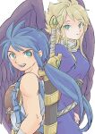  1boy 1girl absurdres angel_wings black_wings blonde_hair blue_hair breasts breath_of_fire breath_of_fire_ii damegamega dress feathered_wings green_eyes highres long_hair looking_at_viewer nina_(breath_of_fire_ii) open_mouth ryuu_(breath_of_fire_ii) simple_background smile sword weapon white_background wings 