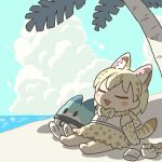  1girl :d animal_ears beach blonde_hair blue_sky blush bow bowtie chibi closed_eyes clouds commentary_request day extra_ears full_body gloves highres kemono_friends kemono_friends_3 kuro_shiro_(kuro96siro46) lucky_beast_(kemono_friends) multicolored_hair ocean open_mouth outdoors palm_tree print_bow print_bowtie print_gloves print_skirt serval_print shade shirt short_hair sitting skirt sky sleeveless sleeveless_shirt smile solo tail thighhighs_removed tree water white_serval_(kemono_friends) white_shirt yellow_gloves yellow_skirt 