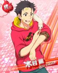  1boy animal_on_shoulder bandaged_arm bandages bandaid bandaid_on_arm bandaid_on_face bandaid_on_forehead bandaid_on_hand black_hair card_(medium) character_name fingernails idolmaster idolmaster_side-m kimura_ryu male_focus official_art open_mouth pink_background solo teeth upper_teeth_only 