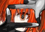  1girl a.i._voice absurdres adachi_rei android artificial_eye black_gloves blurry blurry_foreground close-up colored_eyelashes commentary english_text eye_focus finger_frame gloves grey_gloves hair_between_eyes hands_up highres lens_eye looking_at_viewer mechanical_eye orange_eyes orange_hair owlin solo straight-on symbol-only_commentary text_in_eyes two-tone_gloves utau 