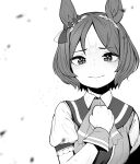  1girl animal_ears ascot blurry bokeh clenched_hand closed_mouth depth_of_field flower-shaped_pupils greyscale hand_on_own_chest highres horse_ears horse_girl light_smile looking_at_viewer monochrome sailor_collar sakura_laurel_(umamusume) short_hair short_sleeves solo symbol-shaped_pupils tsuzuri_(tu-san_house) umamusume upper_body white_background wrist_cuffs 