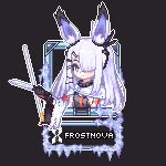  1girl animal_ear_fluff animal_ears arknights black_background black_gloves black_jacket blue_eyes capelet character_name closed_mouth commentary commission english_commentary frostnova_(arknights) gloves grey_hair hair_over_one_eye holding ice iloccorb9 jacket long_hair looking_at_viewer pixel_art simple_background solo upper_body white_capelet 