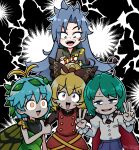  4girls antennae aqua_hair black_bow black_cape black_shirt blonde_hair blue_pants blush bow brown_dress brown_eyes butterfly_wings cape collared_shirt crossed_arms double_v dress empty_eyes eternity_larva fairy green_dress green_hair grey_eyes grey_hair hair_bow highres himemushi_momoyo kurodani_yamame leaf leaf_on_head long_hair long_sleeves multicolored_clothes multicolored_dress multiple_girls odd_one_out open_mouth orange_eyes pants pinafore_dress shirt short_hair short_sleeves sleeveless sleeveless_dress smile solidus_(sword_cube) thumbs_up touhou v white_shirt wings wriggle_nightbug 