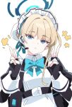  1girl black_gloves blonde_hair blue_archive blue_bow blue_bowtie blue_eyes blue_halo bow bowtie closed_mouth commentary double_v fingerless_gloves gloves hair_bun halo headset ixy looking_at_viewer maid maid_headdress medium_hair simple_background single_hair_bun toki_(blue_archive) upper_body v white_background 