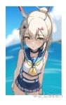  1girl ayanami_(azur_lane) ayanami_(retrofit)_(azur_lane) azur_lane belt black_choker blue_skirt blue_sky blurry choker clouds cloudy_sky collarbone commentary_request depth_of_field grey_hair hair_between_eyes hair_ornament hairclip headgear leaning_forward long_hair looking_at_viewer navel ocean outdoors pleated_skirt ponytail risemu_(c_liesem) school_uniform serafuku shirt sidelocks skirt sky sleeveless solo stomach twitter_username wet wet_clothes wet_shirt yellow_eyes 