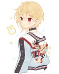  1boy asymmetrical_hair blonde_hair blush blush_stickers collar cropped_torso ensemble_stars! from_behind highres jacket looking_back male_focus nito_nazuna parted_lips rabbit red_eyes rorol shirt short_hair smile solo star_(symbol) upper_body 