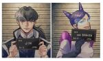  1boy 1girl :d ace_attorney aura_blackquill barbie_mugshot_(meme) black_gloves black_hair blue_hair buttons closed_mouth coat collared_shirt cone_hair_bun crossed_bangs double_bun eyeshadow frown gloves goggles hair_bun holding_plaque jacket long_sleeves looking_at_viewer low_ponytail makeup meme mugshot multicolored_clothes multicolored_hair multicolored_jacket nekowosuu open_mouth portrait shirt siblings sidelocks simon_blackquill smile straight-on swept_bangs two-tone_hair two-tone_jacket white_coat 