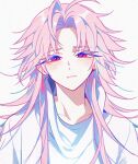  1boy androgynous blush grey_background hajun_(hey_sangha) hatsutori_hajime long_hair looking_at_viewer male_focus parted_lips pink_hair red_eyes saibou_shinkyoku solo sweater teeth turtleneck turtleneck_sweater unhappy white_sweater 