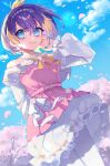  1girl belt cherry_blossoms dress highres long_sleeves multicolored_clothes multicolored_dress multicolored_hair nijisanji nijisanji_en off-shoulder_dress off_shoulder orange_hair petra_gurin pink_belt pink_dress purple_hair ribbon shine_asahi short_hair sky smile solo streaked_hair thigh-highs virtual_youtuber white_dress white_ribbon white_thighhighs 