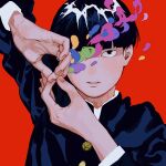  1boy absurdres black_hair blunt_bangs bowl_cut commentary english_commentary fingernails gakuran hands_up heart highres infinity kageyama_shigeo long_sleeves looking_at_viewer male_focus mob_psycho_100 neige404 one_eye_covered own_hands_together parted_lips red_background school_uniform short_hair simple_background smoke solo upper_body 