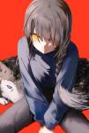  1girl absurdres black_hair blue_eyes braid braided_ponytail chainsaw_man dog grey_sweater hair_between_eyes hair_over_one_eye hair_over_shoulder highres husky looking_at_viewer medium_hair myuz nayuta_(chainsaw_man) red_background reincarnation ringed_eyes simple_background solo sweater sweater_tucked_in yellow_eyes 