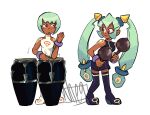  2girls bare_shoulders bracelet closed_mouth conga_drums dark-skinned_female dark_skin full_body green_hair holding holding_instrument instrument jewelry long_hair maracas mega_man_(series) mega_man_legends mega_man_legends_2 multiple_girls music noeggets playing_instrument red_eyes sera_(mega_man) short_hair smile standing thigh-highs twintails yuna_(mega_man) 