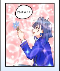  1girl blue_flower blue_hair blue_shirt english_commentary english_text flower hair_intakes holding holding_flower hololive hololive_english long_hair long_sleeves open_mouth shirt sidelocks smile solo speech_bubble virtual_youtuber white_shirt yellow_eyes yuutomeh 