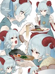  1girl absurdres bean_sprout blue_dress blue_ribbon bowl broken_chopsticks chopsticks closed_mouth commentary_request detached_sleeves dress drinking earrings eating egg_(food) flat_chest food grey_hair half-split_chopsticks hardboiled_egg highres holding holding_chopsticks holding_spork horizontal_pupils horn_ornament horn_ribbon horns jewelry kamaboko meandros meat medium_bangs mori_dobonua_(mordvna) multiple_views narutomaki noodles nori_(seaweed) open_mouth pointy_ears ramen rectangular_pupils red_eyes red_horns red_sleeves ribbon sheep_horns short_hair smile soup tonkatsu touhou toutetsu_yuuma upper_body 