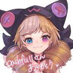  1girl :3 black_bow black_hood blue_eyes blush bow brown_hair buttons drill_hair grey_hair gwen_(league_of_legends) hair_bow heterochromia hood hood_up league_of_legends looking_at_viewer momikodayo multicolored_hair pink_eyes portrait simple_background smile solo soul_fighter_gwen twin_drills twintails two-tone_hair white_background 