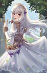  1girl apron basket braid commentary cookie doiparuni dress fire_emblem fire_emblem:_three_houses fire_emblem_heroes food food_in_mouth frilled_dress frills highres holding holding_basket holding_cookie holding_food juliet_sleeves lace_trim long_hair long_sleeves looking_at_viewer lysithea_von_ordelia lysithea_von_ordelia_(tea_party) maid maid_apron maid_headdress official_alternate_costume official_alternate_hairstyle puffy_sleeves solo violet_eyes white_dress white_hair 