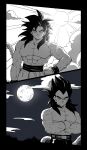  2boys abs blue_eyes commentary_request crossed_arms dragon_ball dragon_ball_gt frown full_moon hand_on_own_hip highres large_pectorals male_focus monkey_tail moon multiple_boys muscular muscular_male naraku_(zg8w5) pectorals smile son_goku sun super_saiyan super_saiyan_4 tail vegeta wristband yellow_eyes 