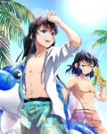  2boys aqua_eyes aqua_hair black_hair blue_hair green_eyes hana_ni_nare hand_up hashibira_inosuke highres holding holding_water_gun jacket kimetsu_no_yaiba long_hair long_sleeves male_focus male_swimwear multicolored_hair multiple_boys muscular muscular_male navel open_mouth sky swim_trunks teeth tokitou_muichirou topless_male upper_teeth_only water_gun white_jacket 