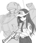  1girl arl-99_helldiver black_hair collared_shirt crossover greyscale gun handgun headset inoue_takina kidou_keisatsu_patlabor kin-san_(sasuraiga) light_frown long_hair lycoris_recoil mecha monochrome necktie robot serious shirt shirt_tucked_in solo visor_cap weapon weapon_request 